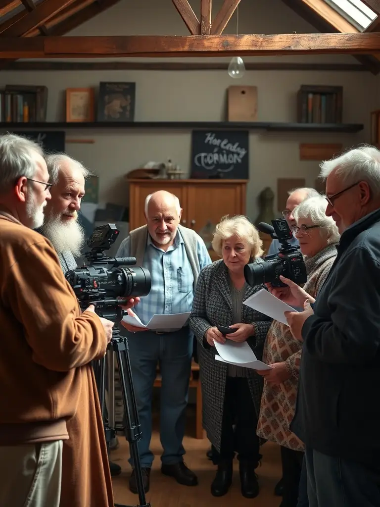 A scene from a community film project, showcasing local residents participating in the production of a documentary about Normandy's cultural heritage.