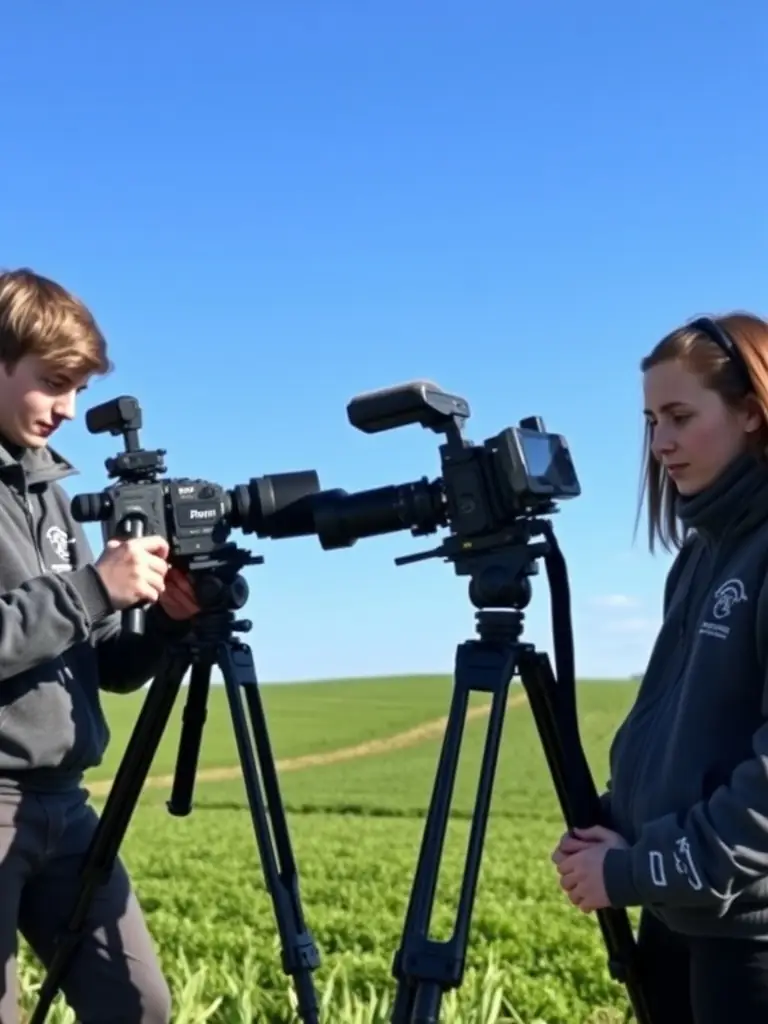 A group of trainees learning how to operate professional video cameras in an outdoor setting, capturing the essence of Normandy's landscape.