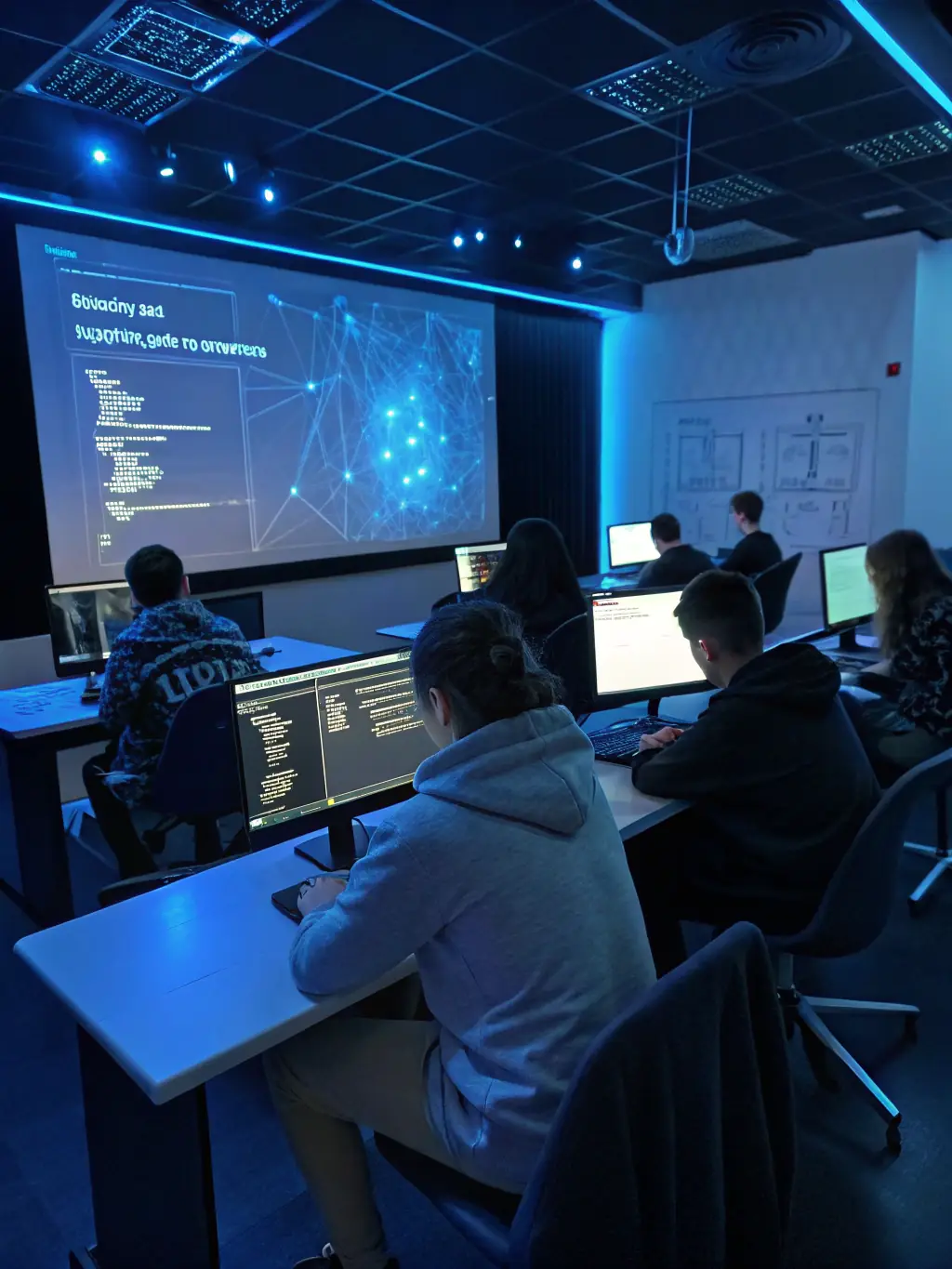 A group of trainees participating in a video editing workshop, focused on learning the basics of Adobe Premiere Pro, in a brightly lit studio setting.
