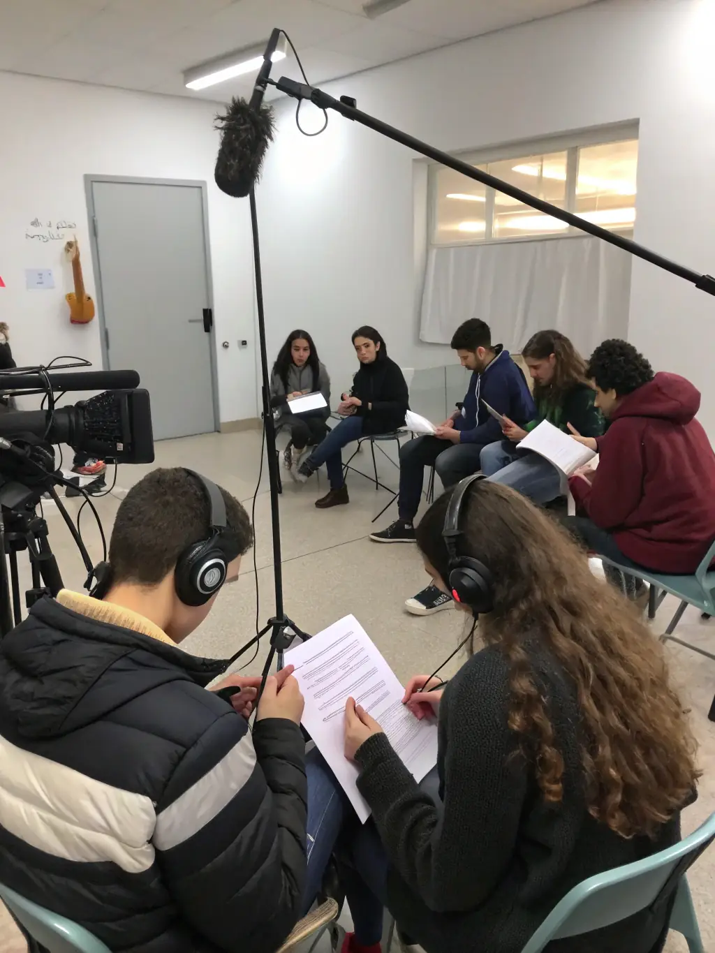 A training session on sound recording techniques, with participants learning how to use microphones and audio equipment for professional-quality sound.